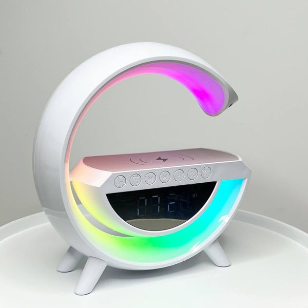 Багатофункціональна лампа нічник з годинником BT-3401 RGB Rainbow Light з бездротовою зарядкою 15W та Bluetooth колонкою Біла 100355 фото